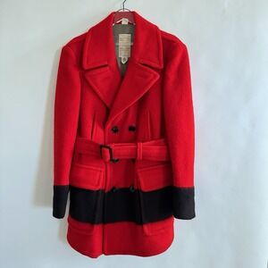 Hudson Bay Point Vintage 100% Wool Blanket Coat Jacket‎ Red Black Belted Large
